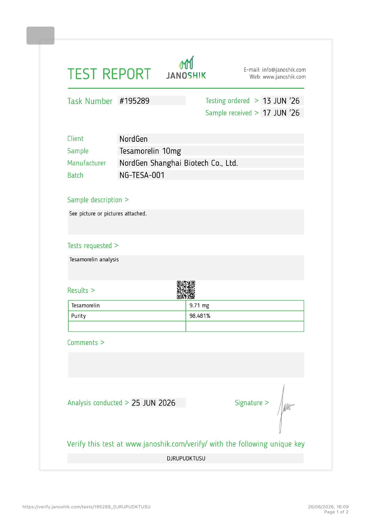 Janoshik certificate for Tesamorelin 10mg, page 1