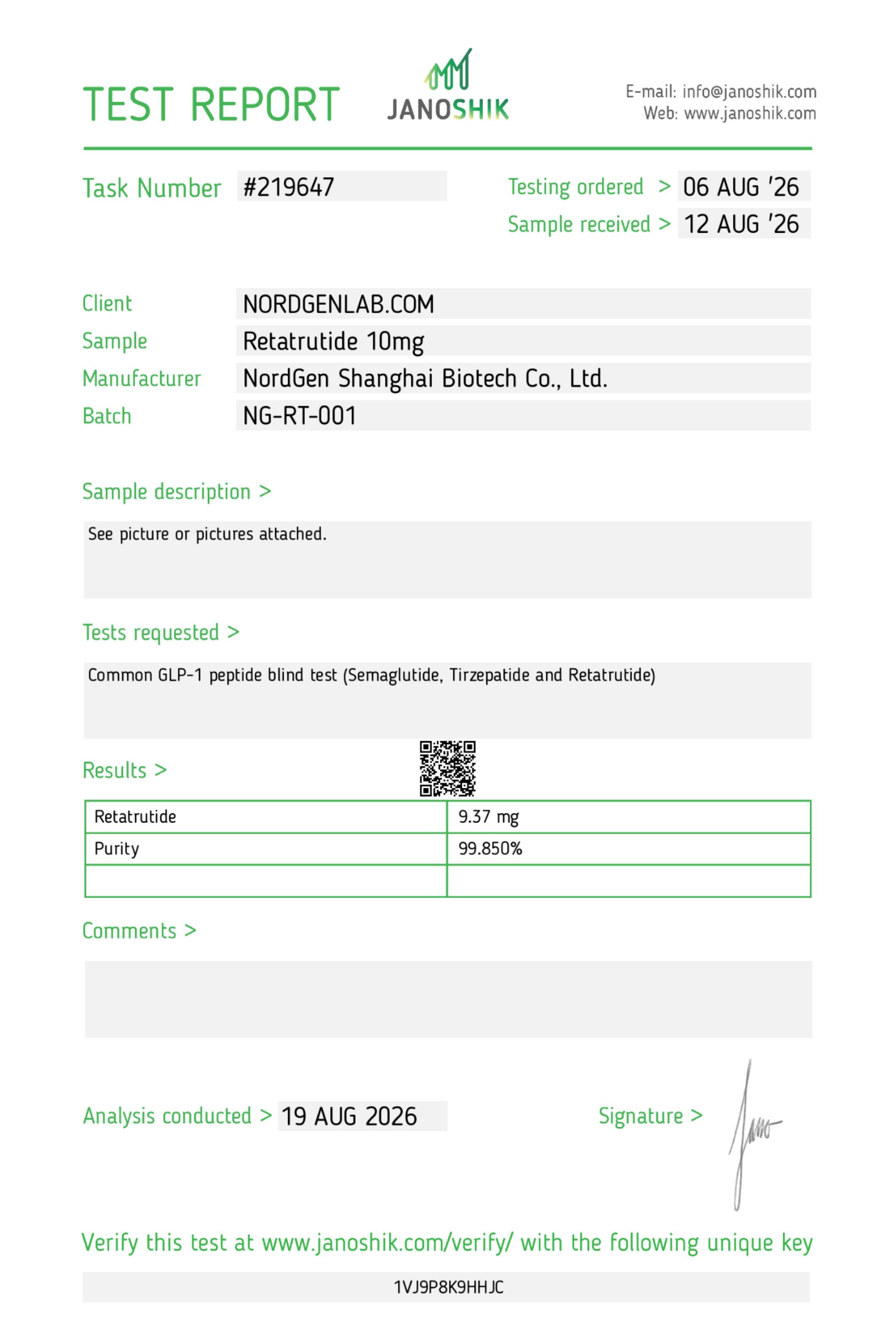 Janoshik certificate for Retatrutide 10mg, page 1