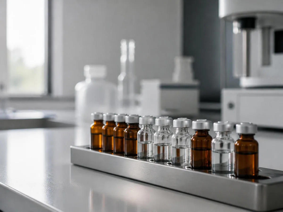 Flacons de recherche ambrés et transparents dans un portoir en inox sur une paillasse de laboratoire