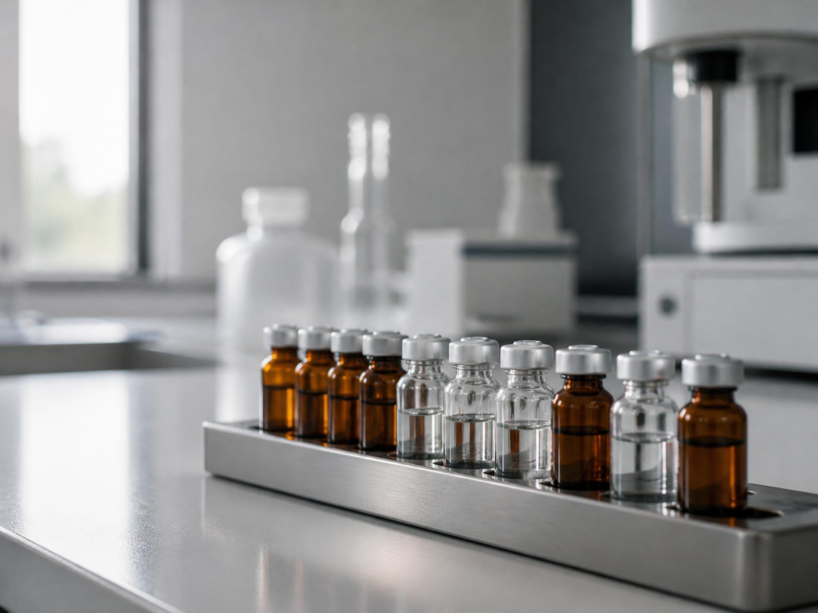 Amber and clear research vials in a stainless rack on a laboratory bench
