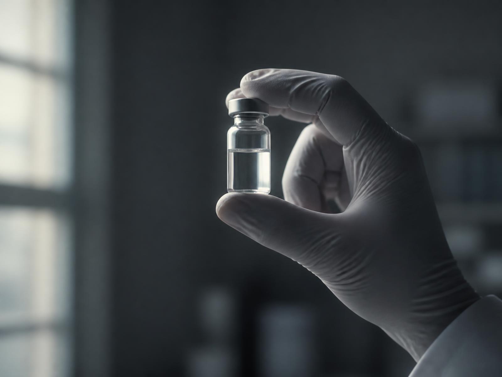 Gloved researcher holding a clear glass vial up to laboratory window light